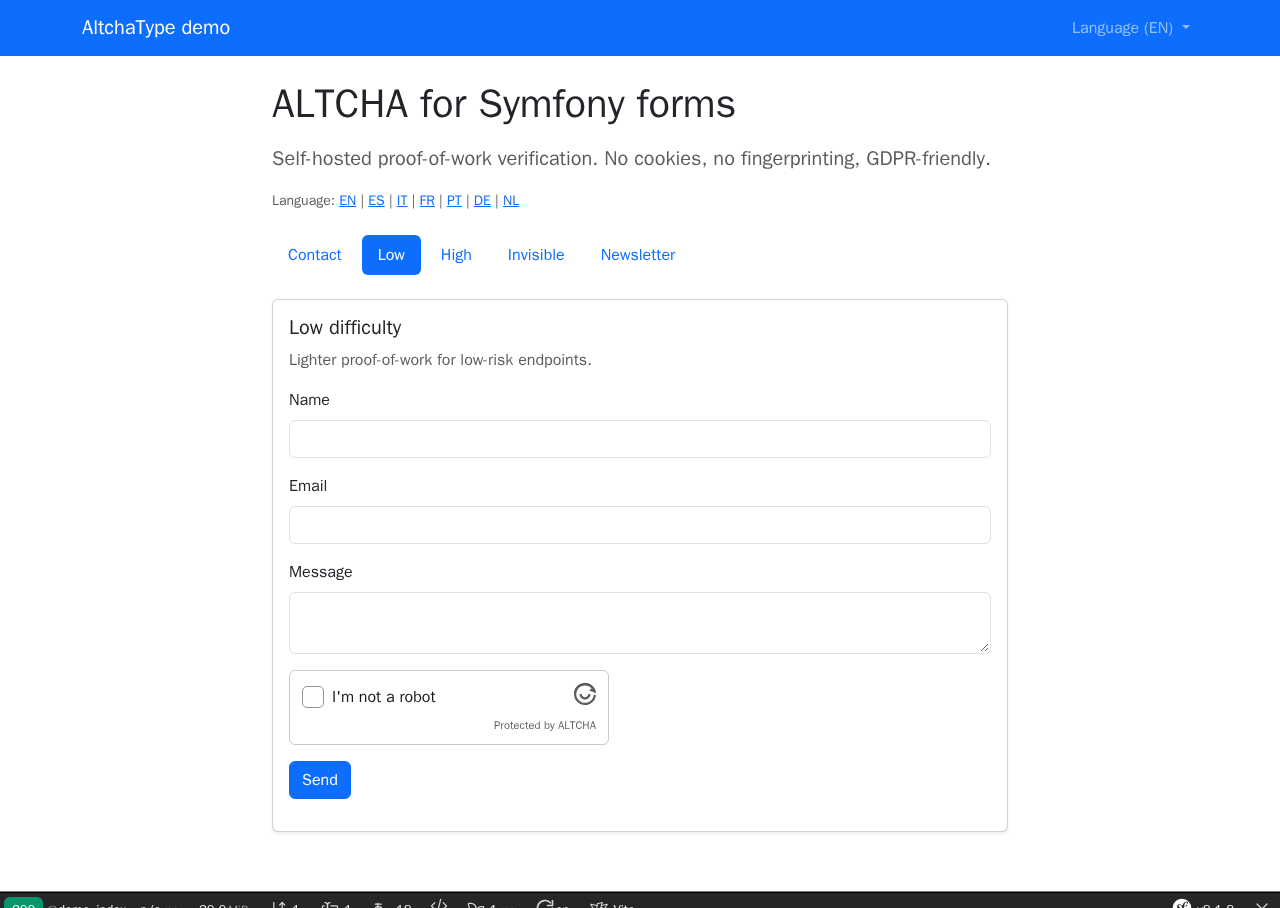 Demo with navbar — ALTCHA widget unverified in a contact form