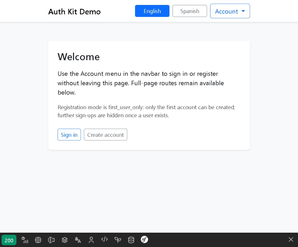 Welcome page with locale switcher and Account dropdown