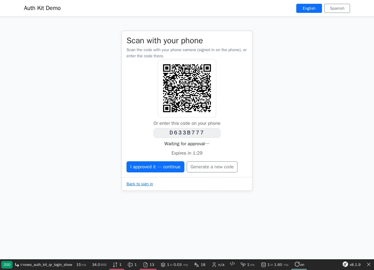 AuthKit QR phone sign-in: QR code, short code to type on the phone, live status 'Waiting for approval…', countdown, Continue and Generate a new code buttons, Symfony profiler toolbar