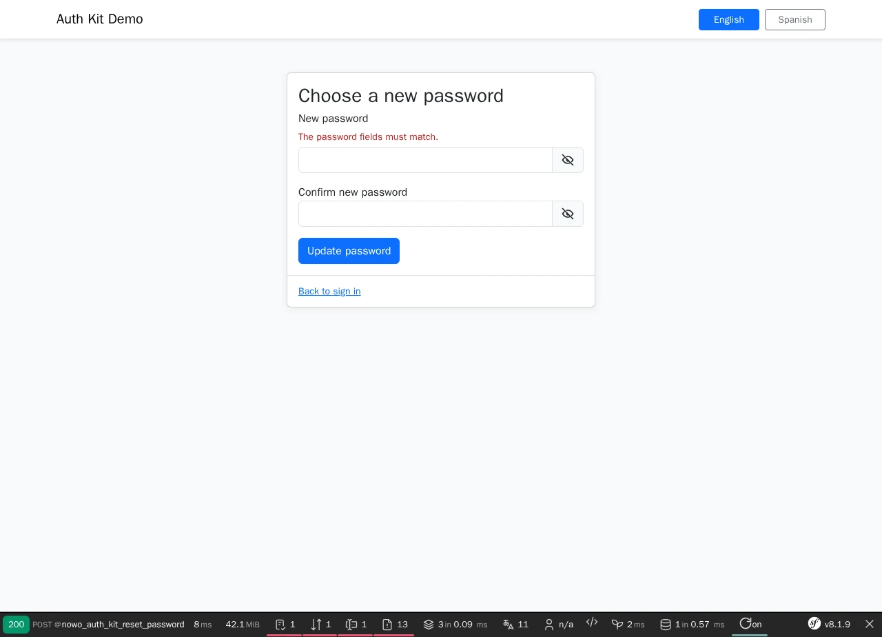 AuthKit new-password page after a mismatched submit: 'The password fields must match.' under New password, the confirmation field before the Update password button, Back to sign in link, Symfony profiler toolbar