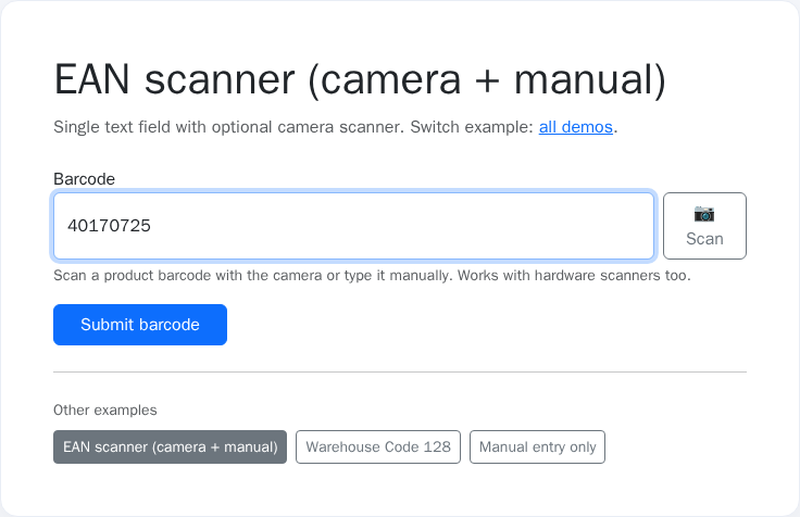 Barcode field with scanned/typed code