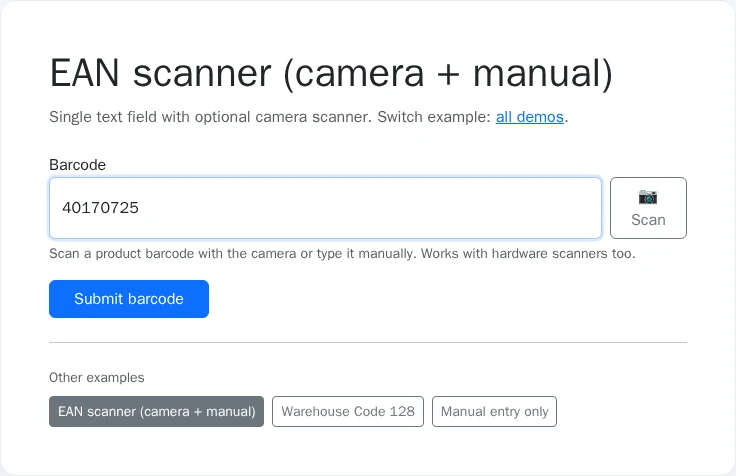 Barcode field with scanned/typed code