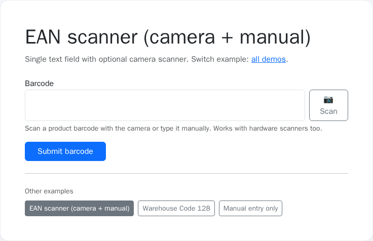 Barcode field with camera scan button