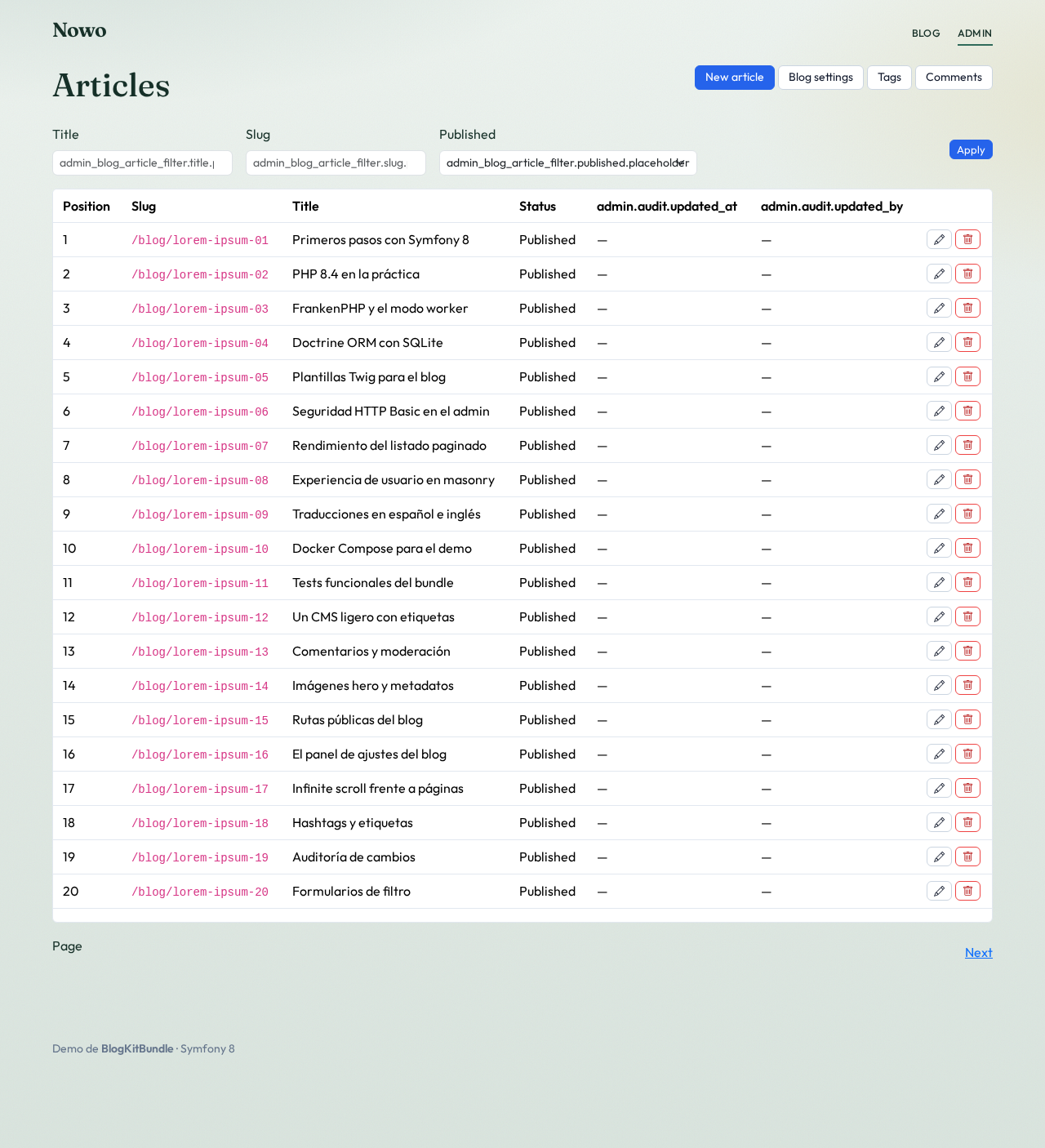 Demo masthead and admin articles CRUD