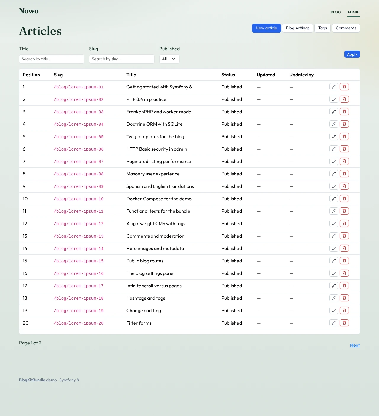 Demo masthead and admin articles CRUD