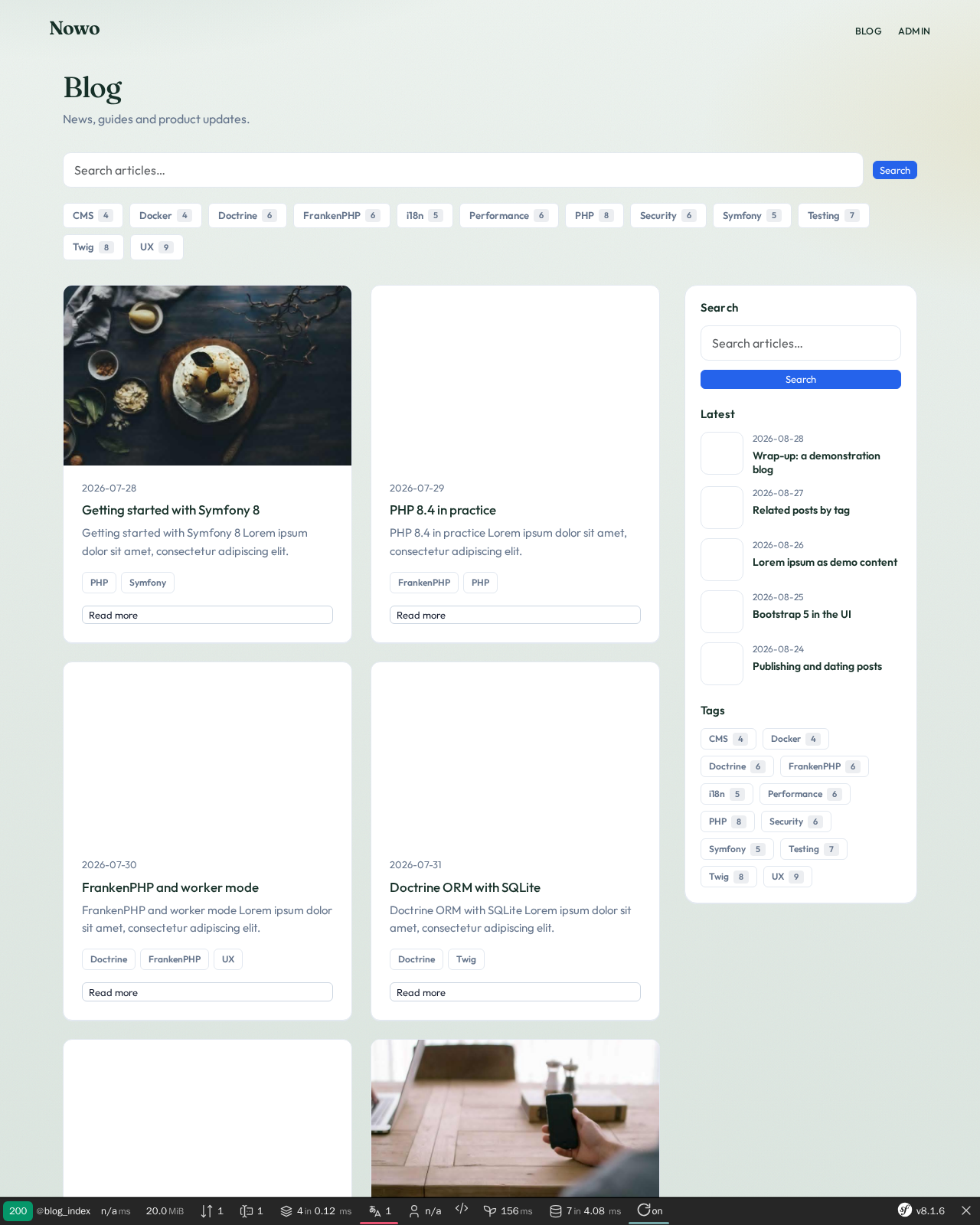 Demo masthead and public blog index with article cards