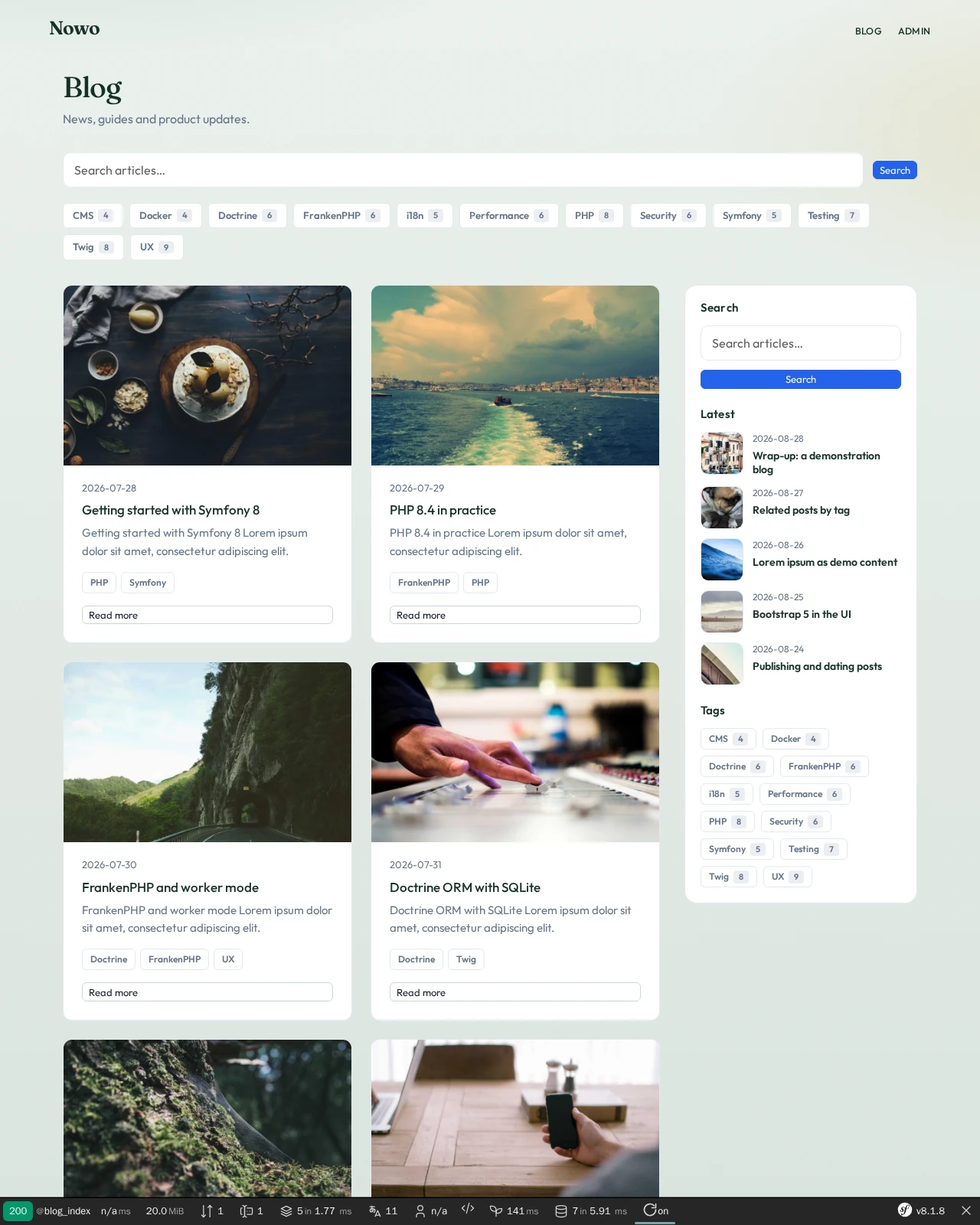 Demo masthead and public blog index with article cards