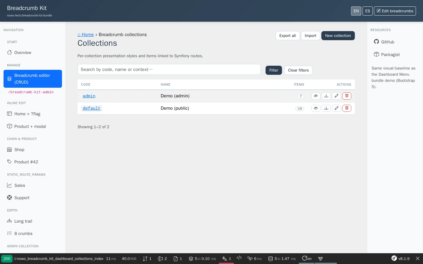 Breadcrumb collections dashboard on the UiKit list page: trail in the page header, export / import / new actions, search and row actions