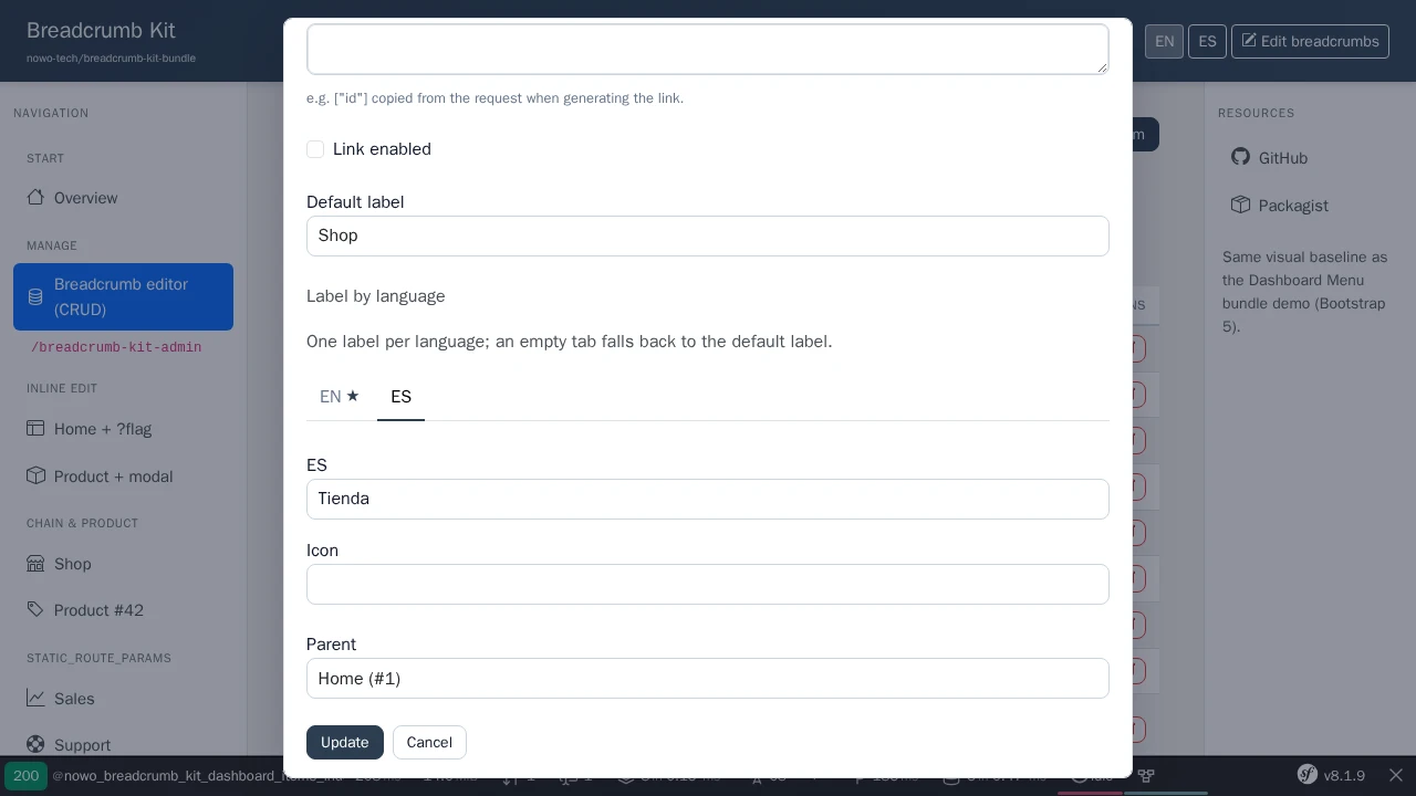Item edit form in a UiKit dialog over the items list: default label and the label translations as one tab per locale