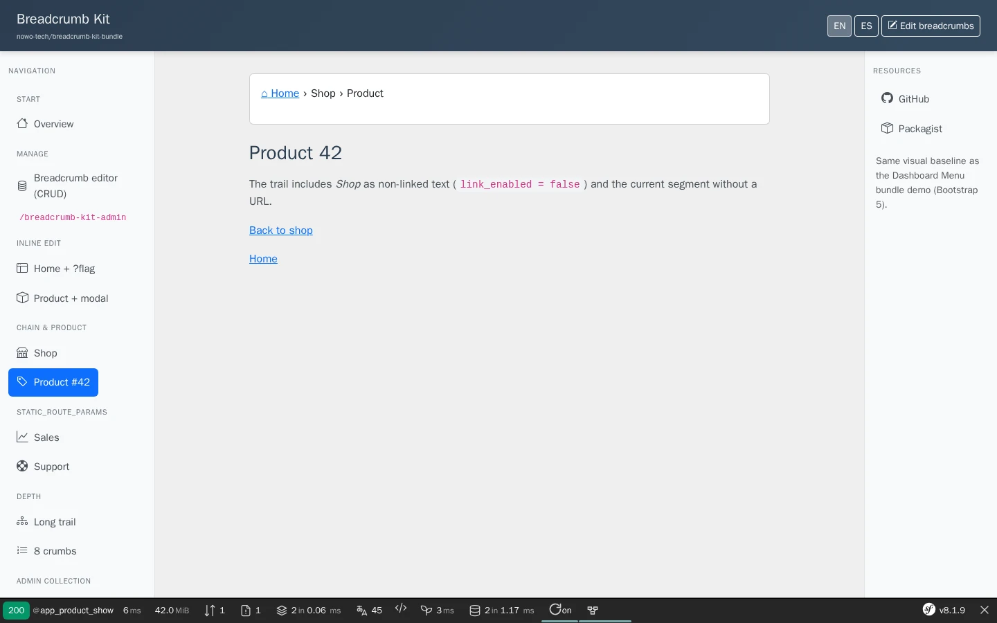 Demo product page: database-driven trail Home › Shop › Product under the demo header, with the Symfony toolbar