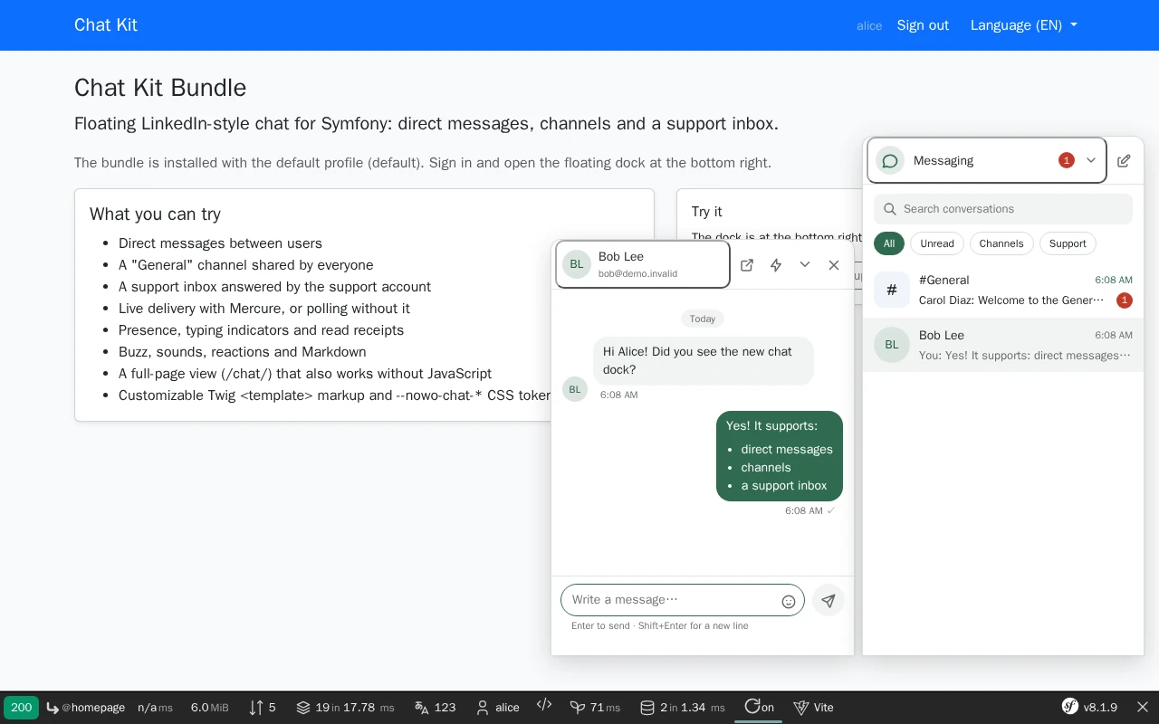 The chat dock in the demo: the conversation list and an open conversation