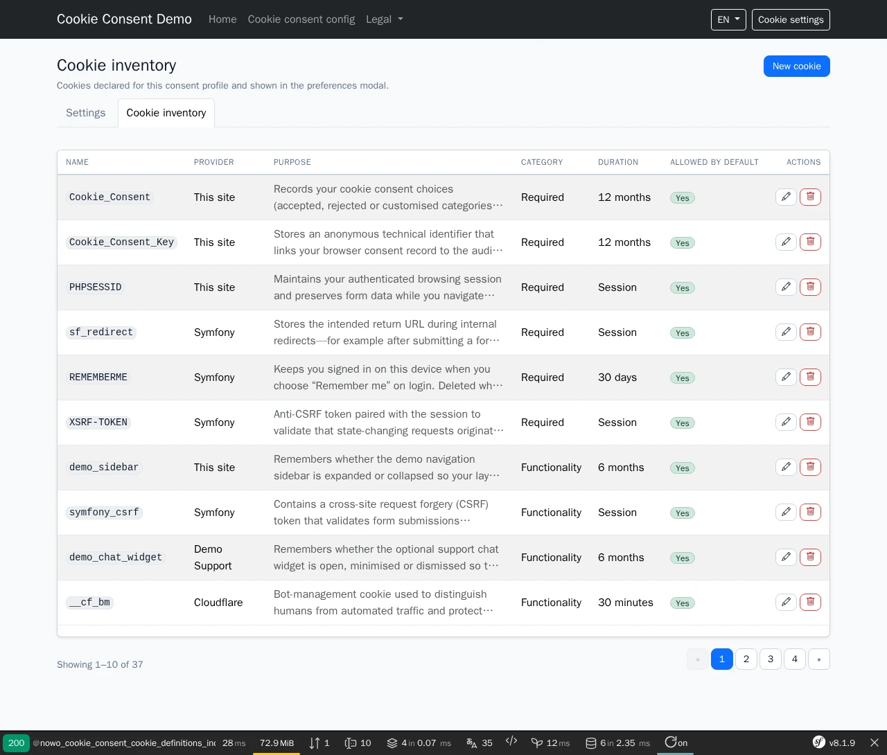 Cookie inventory admin list: name, provider, purpose, category, duration, allowed-by-default badge and row actions, paginated