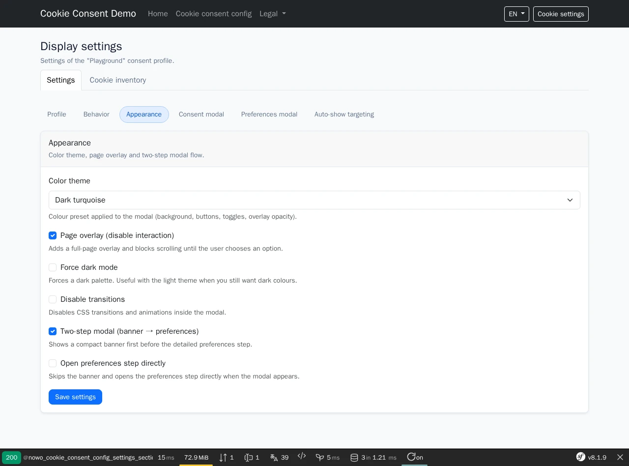 Consent profile settings with section tabs, Appearance tab open: colour theme, page overlay, dark mode, transitions and two-step modal options