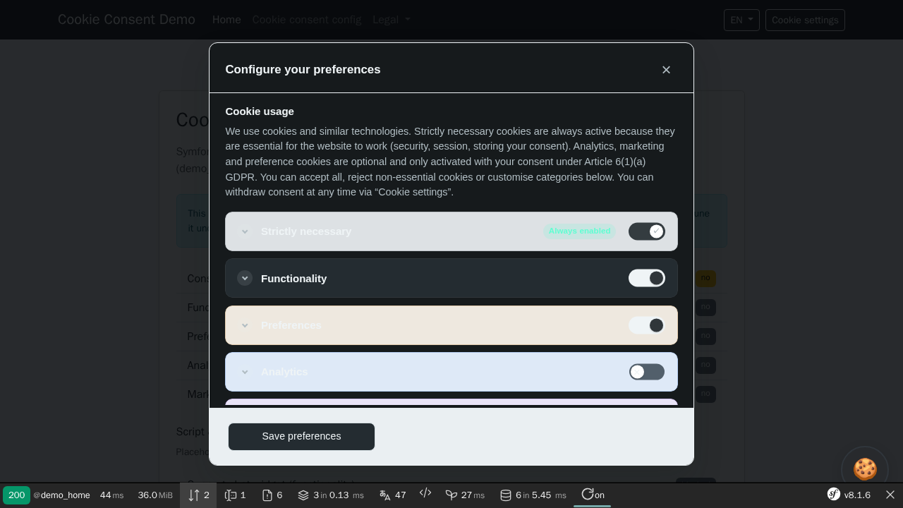 Cookie consent preferences panel