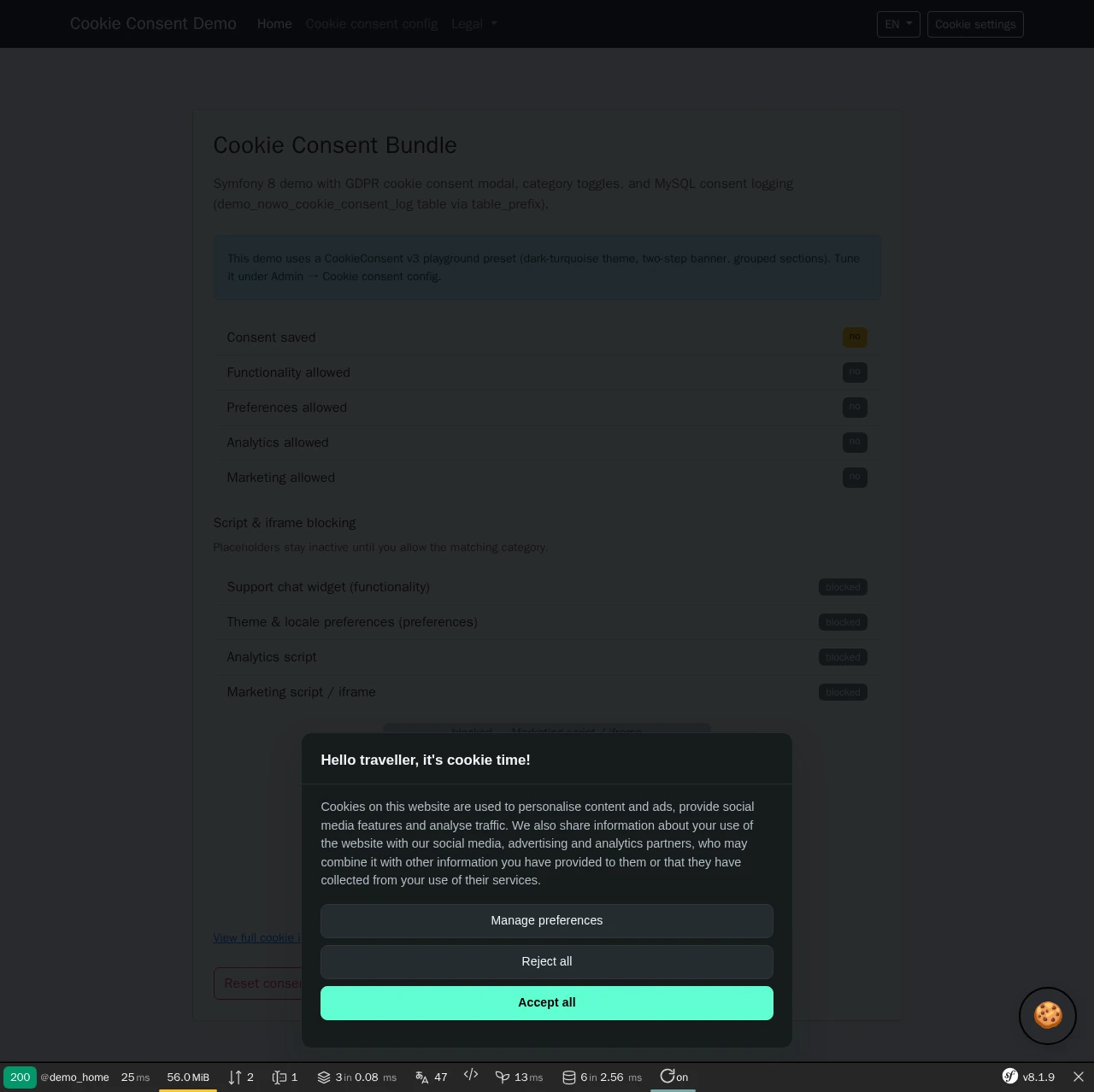 Demo home page with the two-step consent banner (dark-turquoise theme): Manage preferences, Reject all and Accept all buttons over the page overlay
