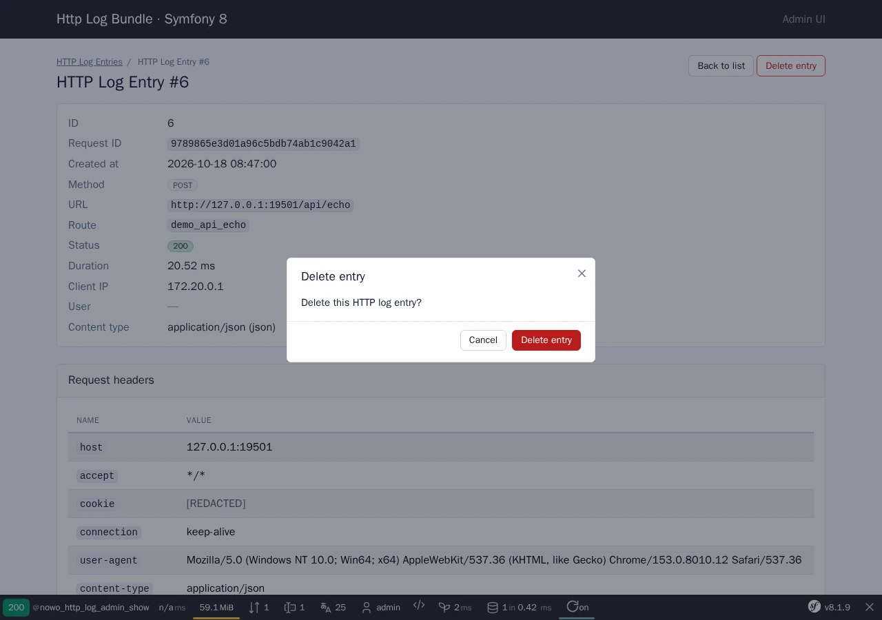 HTTP log entry with the UiKit delete confirm dialog open