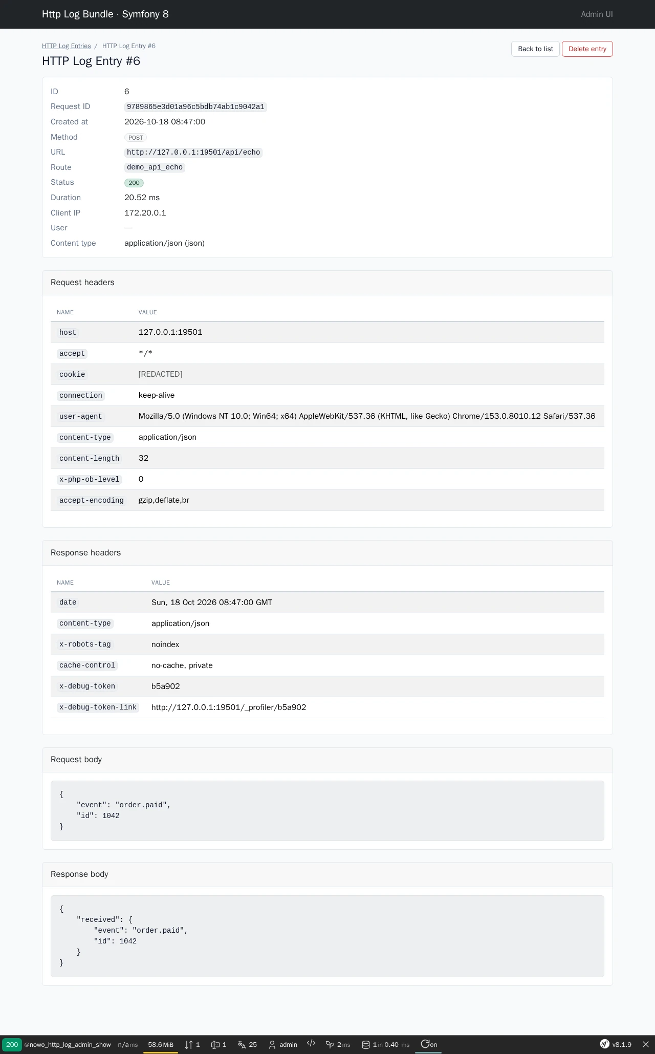 HTTP log entry of a JSON POST: request metadata, redacted request headers, response headers, request and response bodies