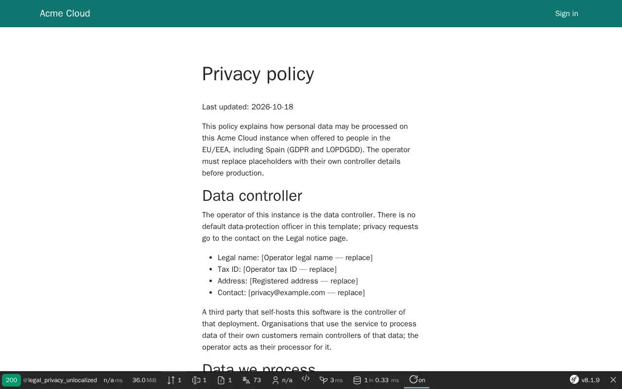 The privacy policy of the demo, rendered from the generic seed