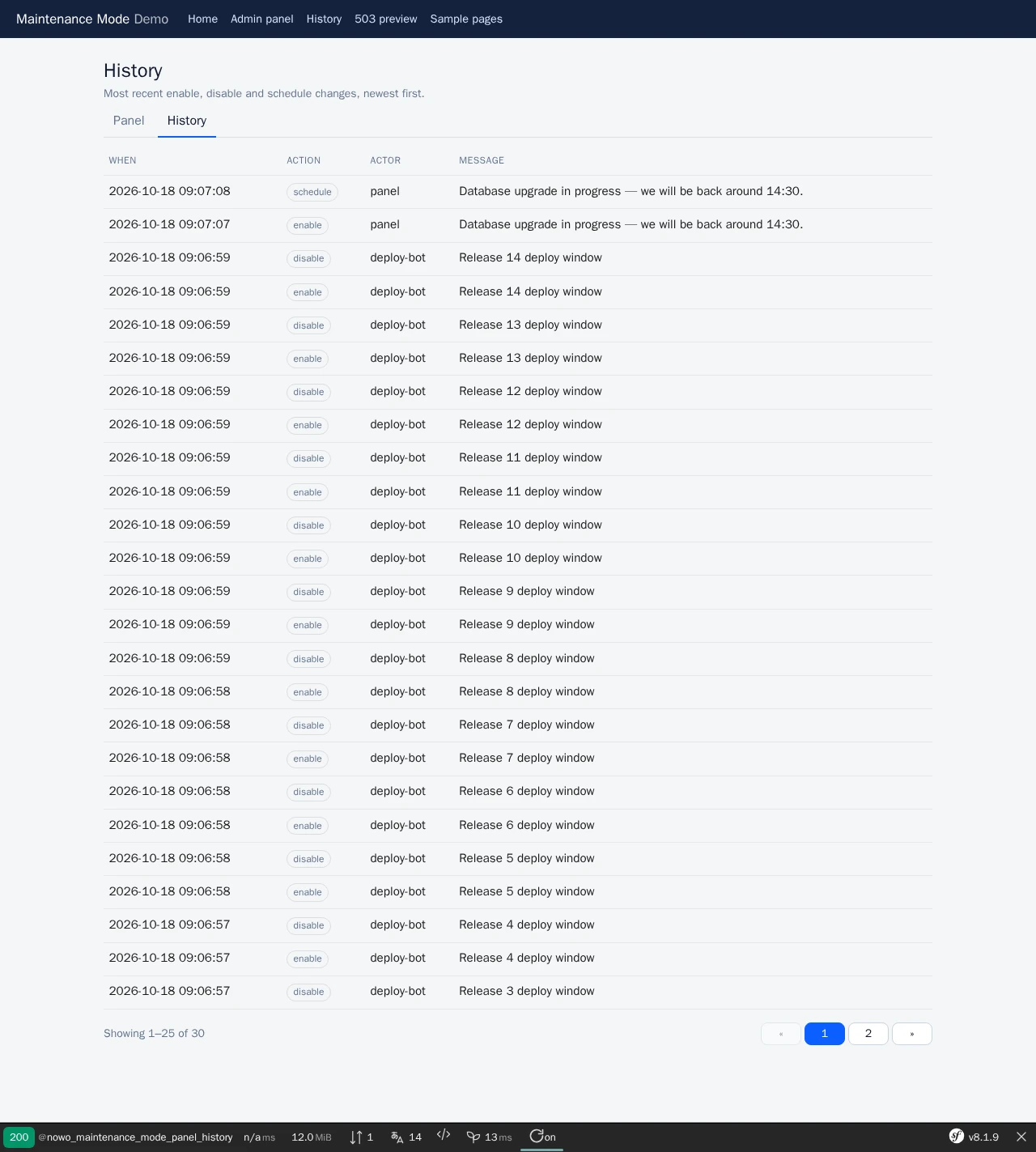 Maintenance history on the UiKit list scaffold: when / action badge / actor / message columns, 25 of 30 entries and UiKit pagination