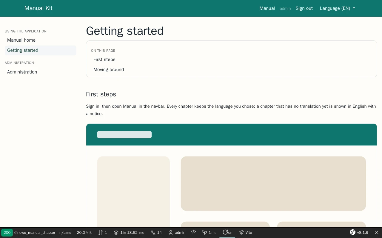 A manual chapter in the demo: sidebar of chapters, on-this-page table of contents and a figure