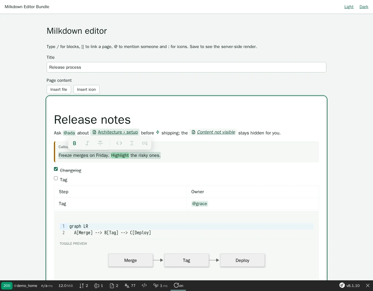 The demo page: a wiki field with headings, a callout, a task list, a table, a Mermaid diagram and math, the selection toolbar open