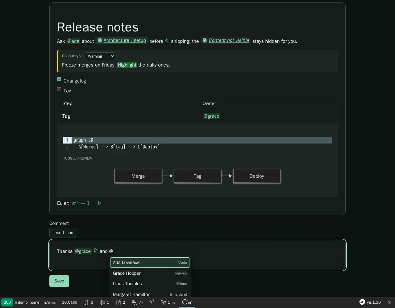 The editor in dark mode with the @ mention suggestion list open