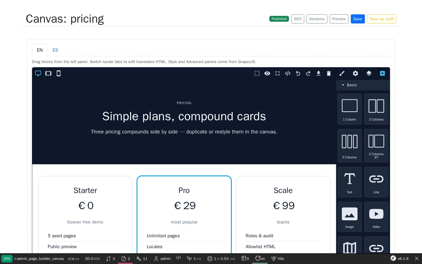 GrapesJS admin canvas with Web Profiler toolbar