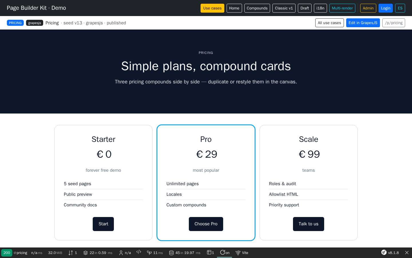Public pricing page with demo chrome and Symfony Web Profiler toolbar