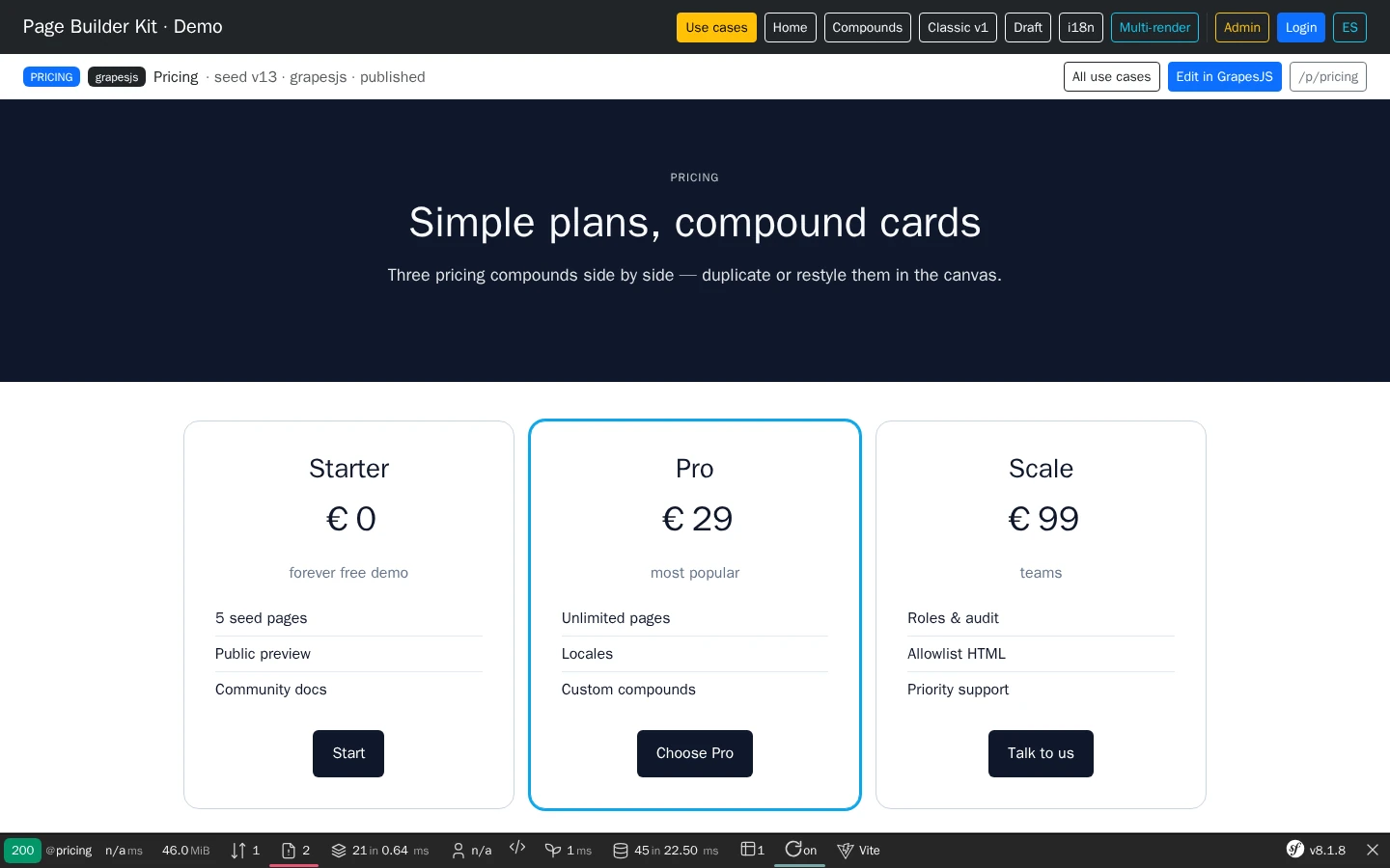 Public pricing page with demo chrome and Symfony Web Profiler toolbar