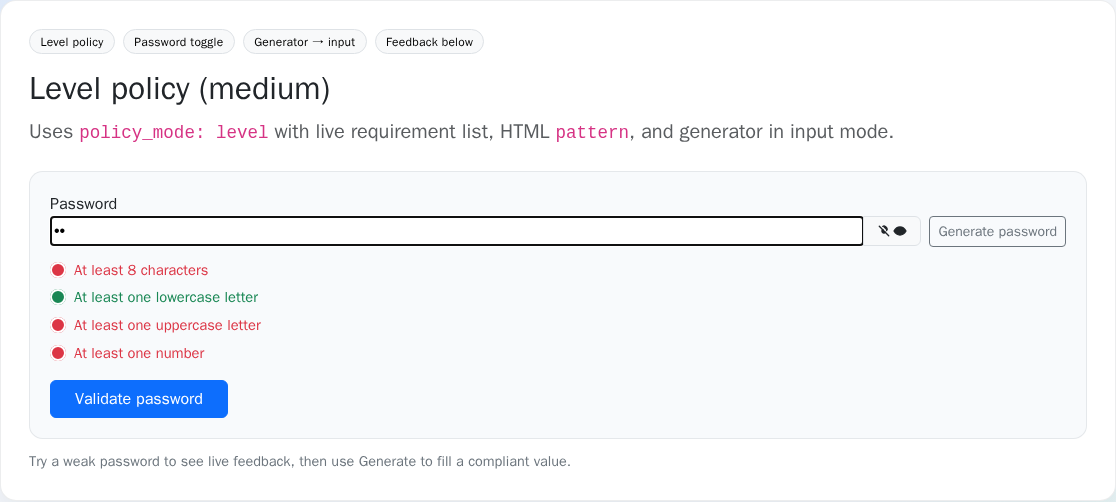 Password strength field showing unmet requirements