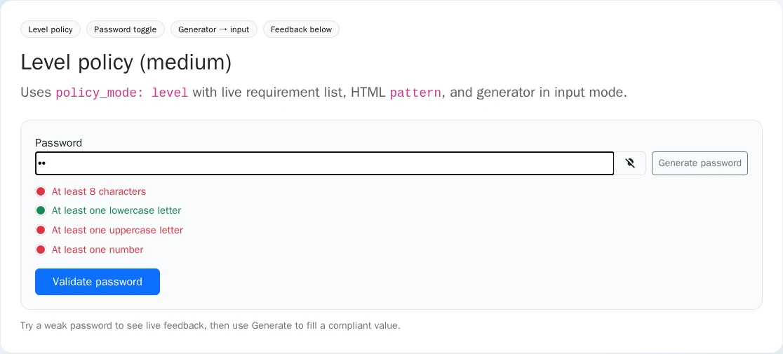 Password strength field showing unmet requirements