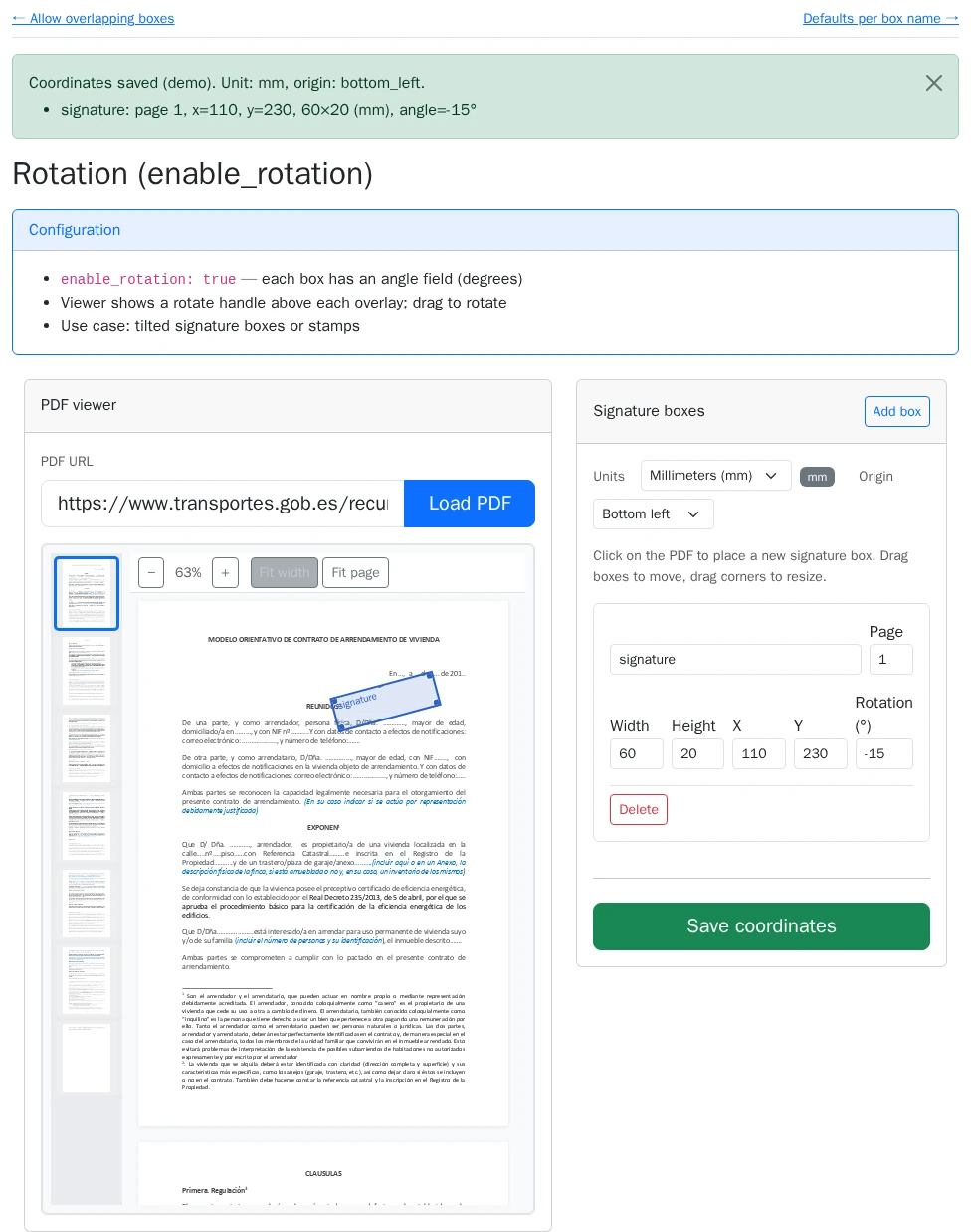 Signature coordinates form — rotated box and saved coordinates