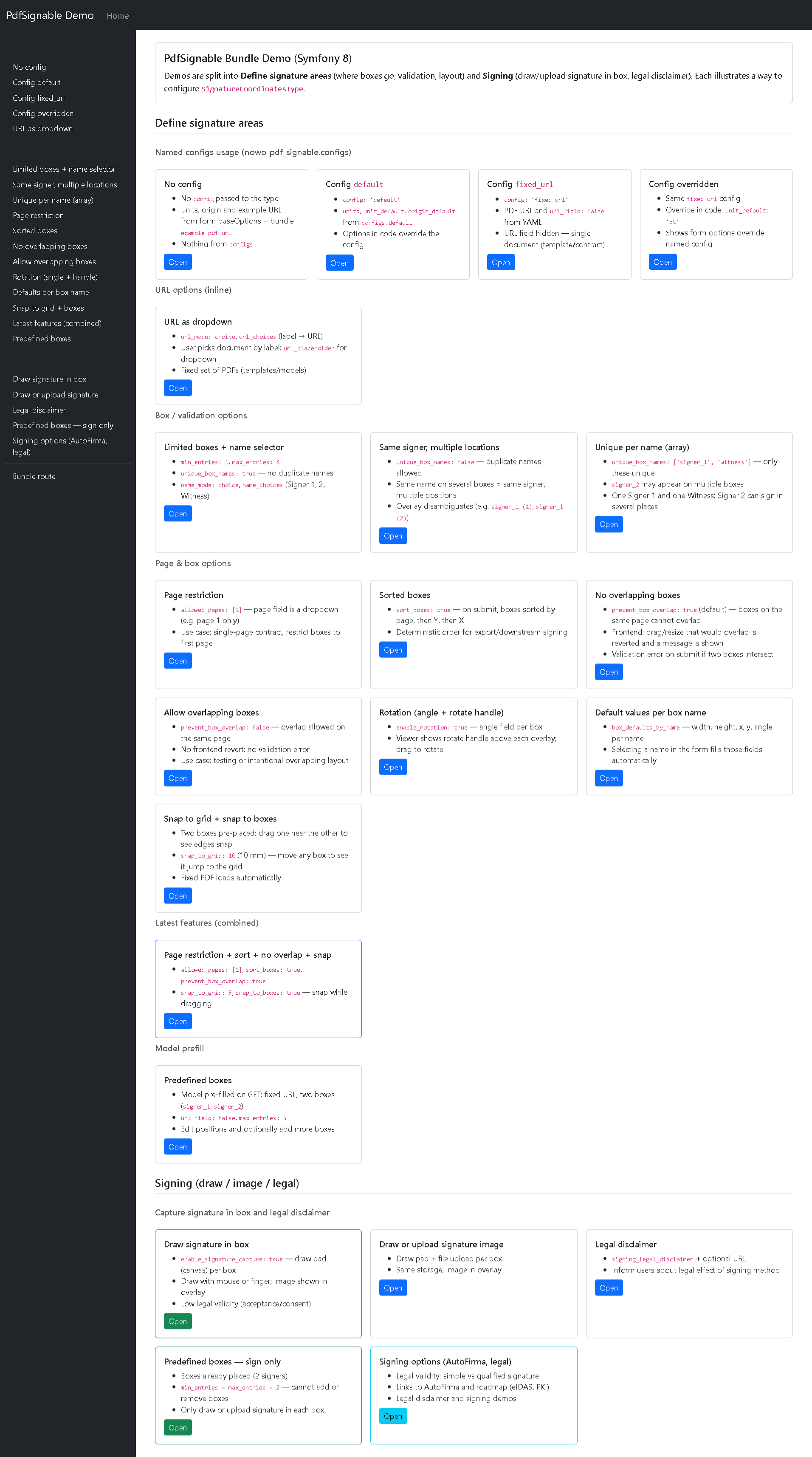 Demo home — configuration overview