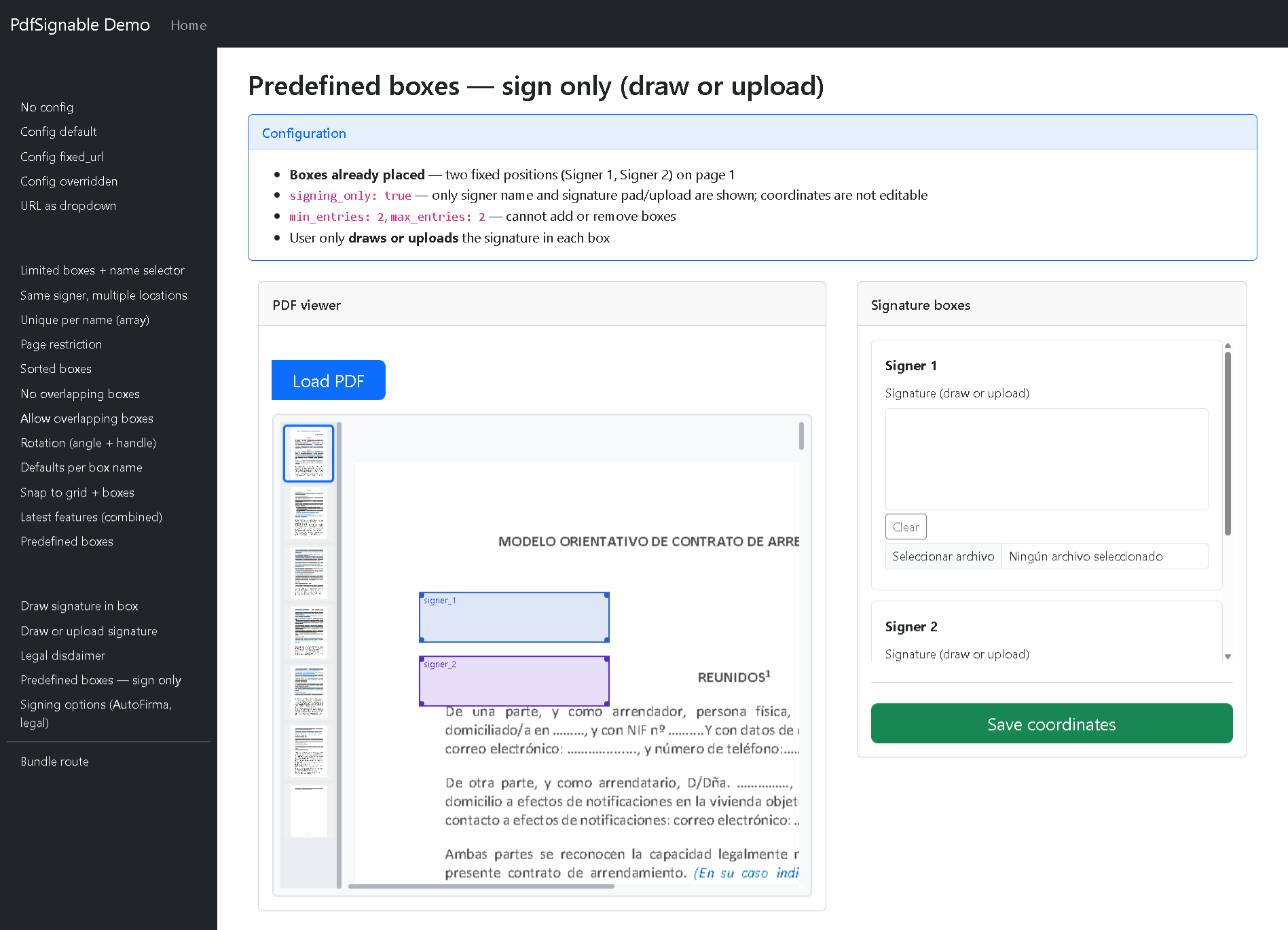 Signature form — thumbnails, zoom and rotation