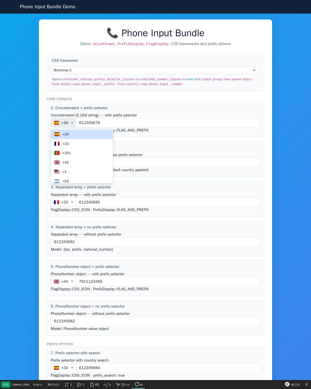 Demo navbar and phone input with country prefix dropdown open