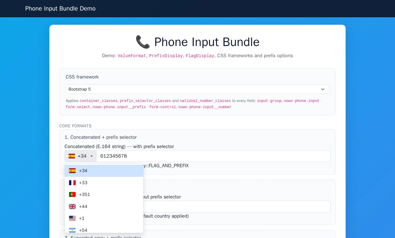 Demo navbar and phone input with country prefix dropdown open