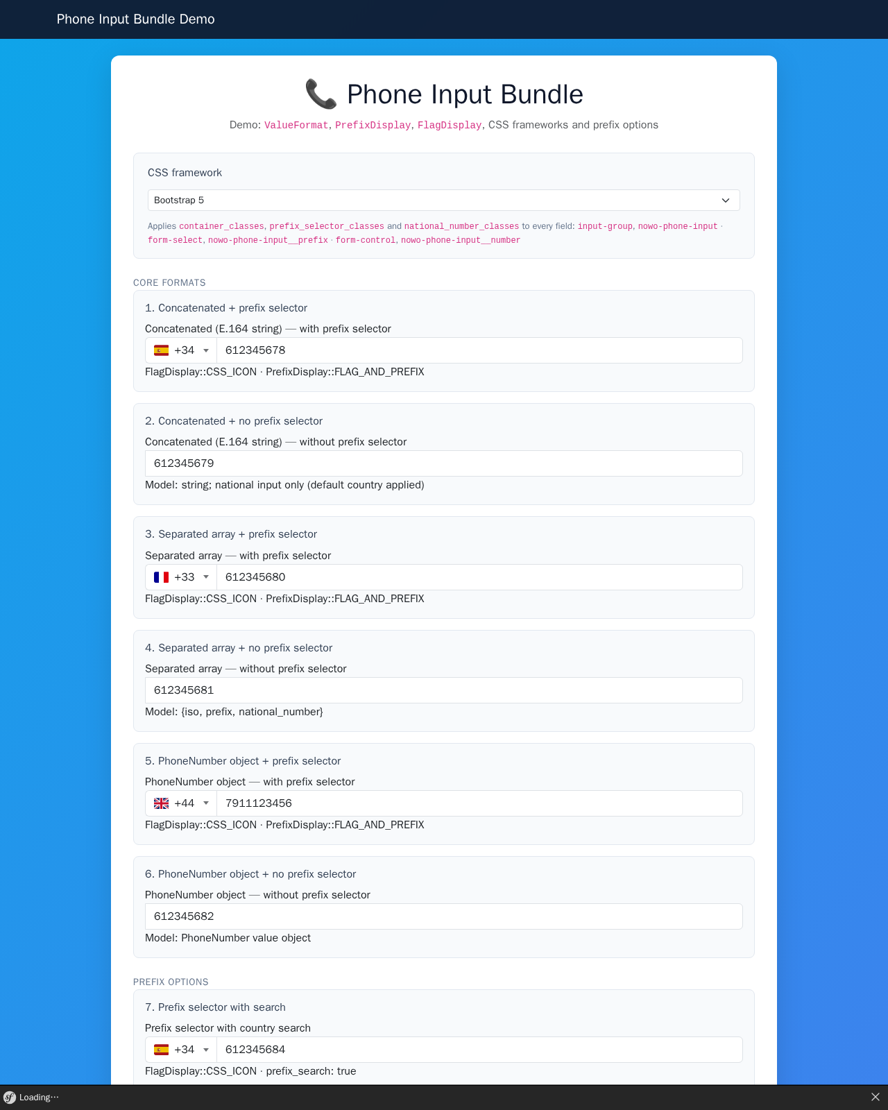 Demo navbar and phone input with country prefix closed
