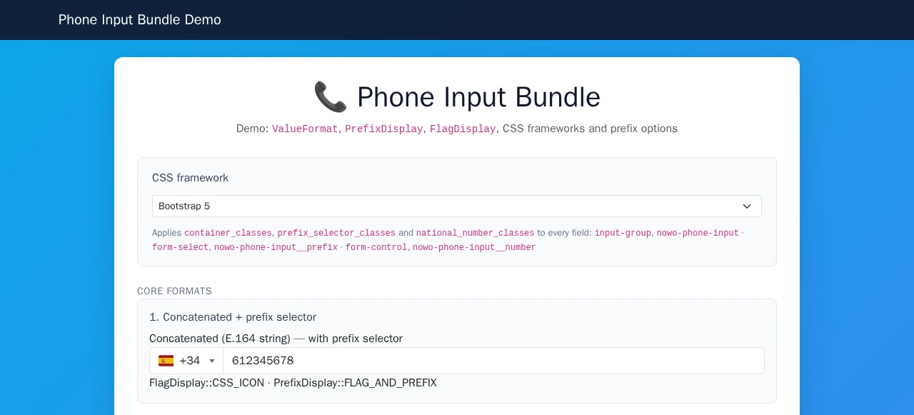 Demo navbar and phone input with country prefix closed