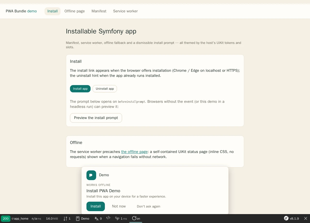 Install prompt open over the demo page, themed by the host UiKit tokens and slots