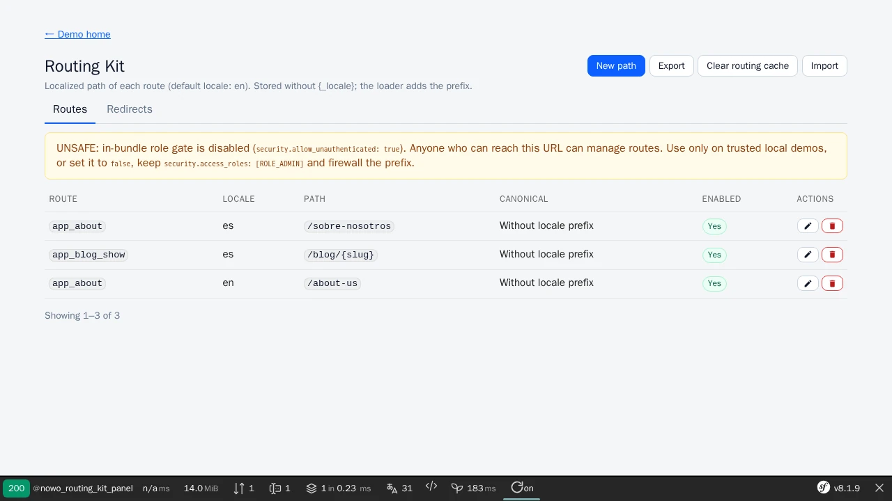 Routing Kit panel: Routes tab listing locale paths per route (route and path in monospace, locale, canonical style, Yes badge, icon edit/delete actions), header actions New path / Export / Clear routing cache / Import, pagination summary, Symfony profiler toolbar