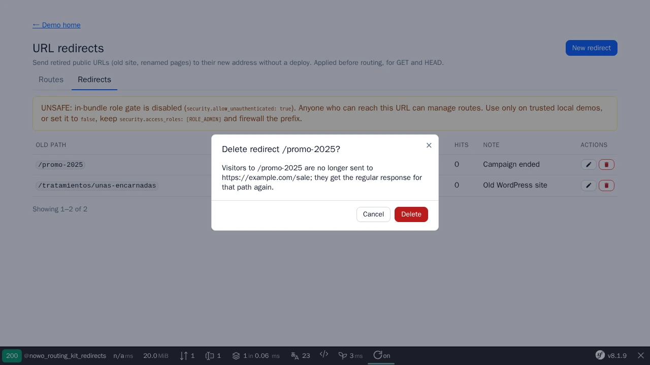 Routing Kit panel: Redirects tab with old paths, targets, hit counts and notes, and the UiKit confirm dialog 'Delete redirect /promo-2025?' open over the list