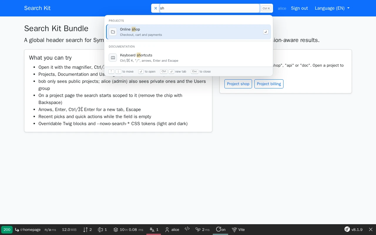 The header search in the demo: grouped results under the stretched field