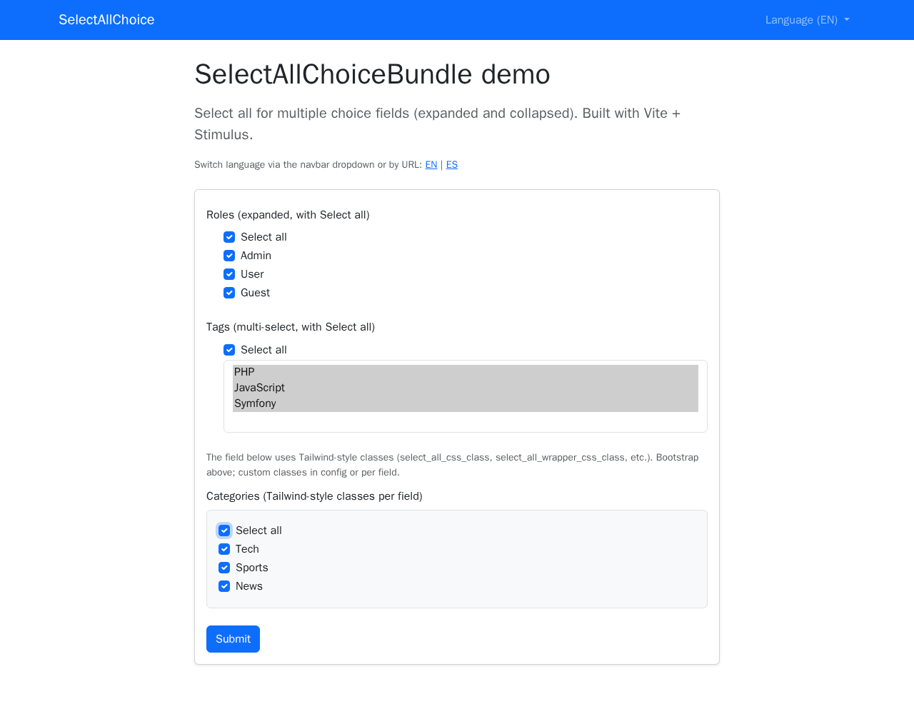 Demo page with navbar and all select-all toggles checked