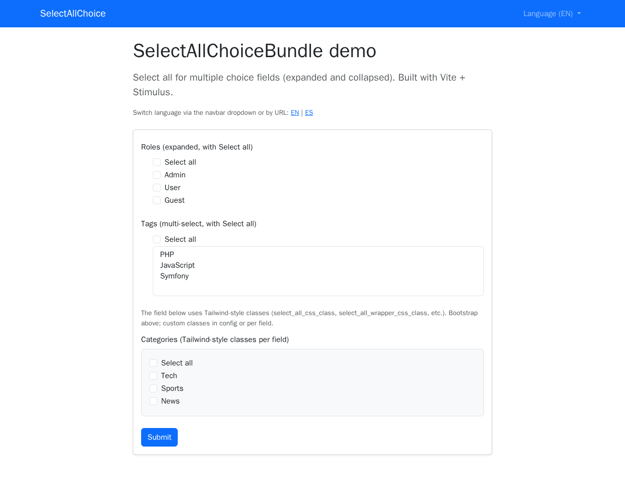 Demo page with navbar and select-all choices unchecked