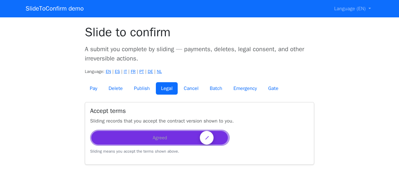 Demo with navbar — Legal case, slider confirmed