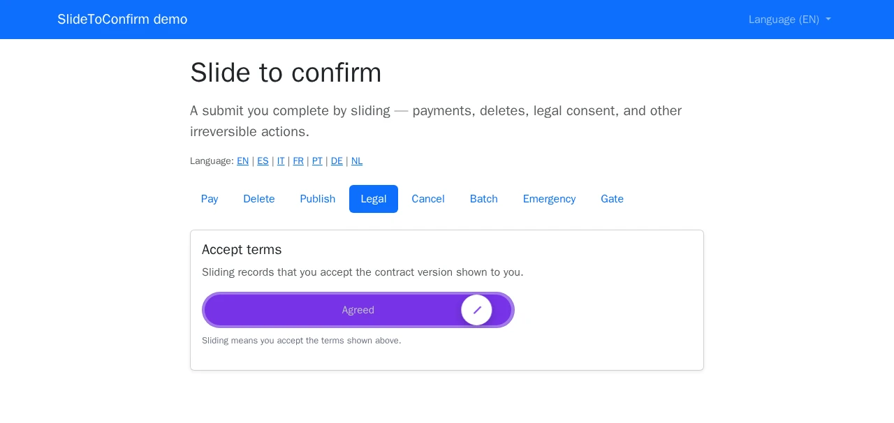 Demo with navbar — Legal case, slider confirmed