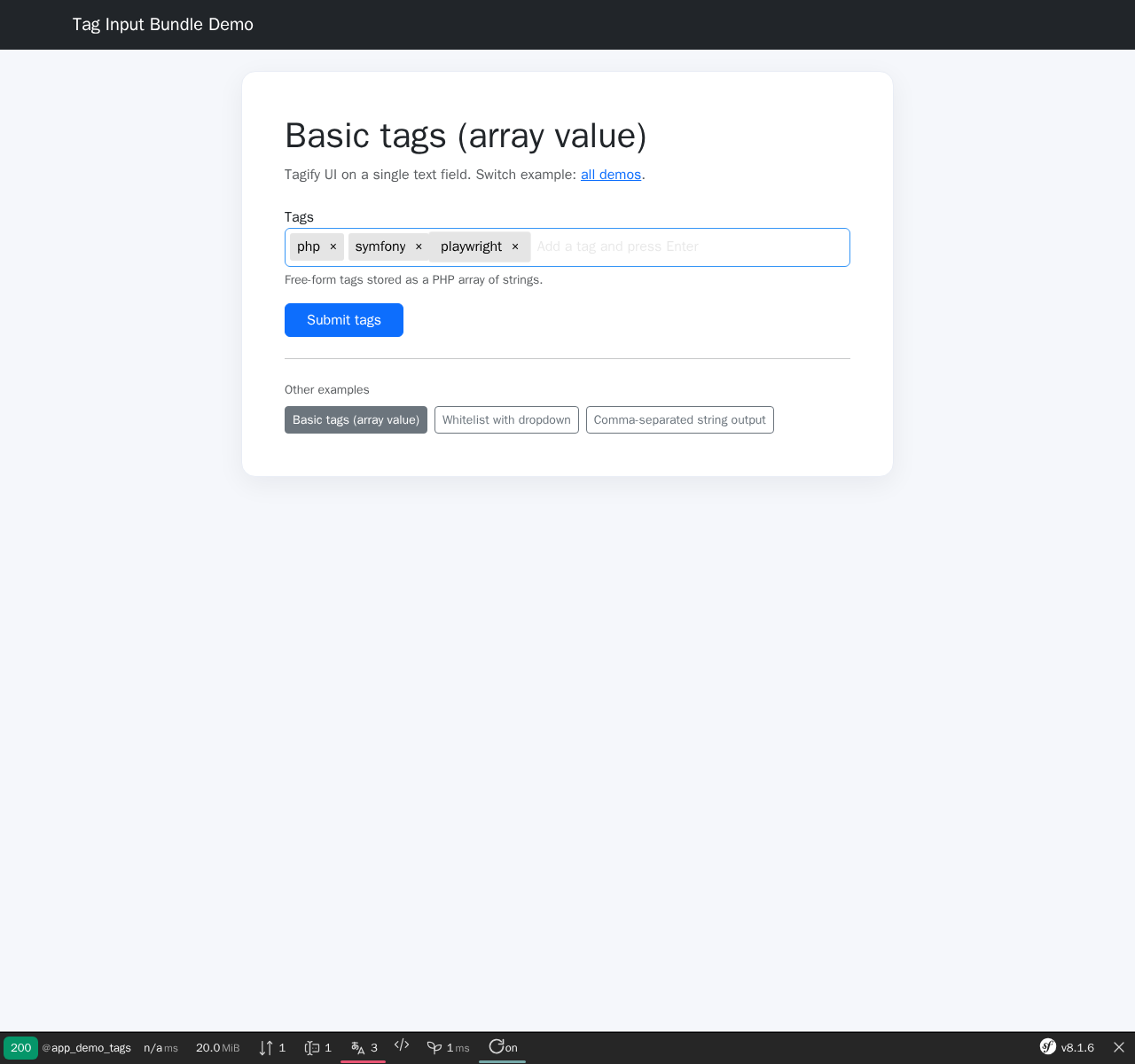 Demo navbar and tag input after adding a new tag