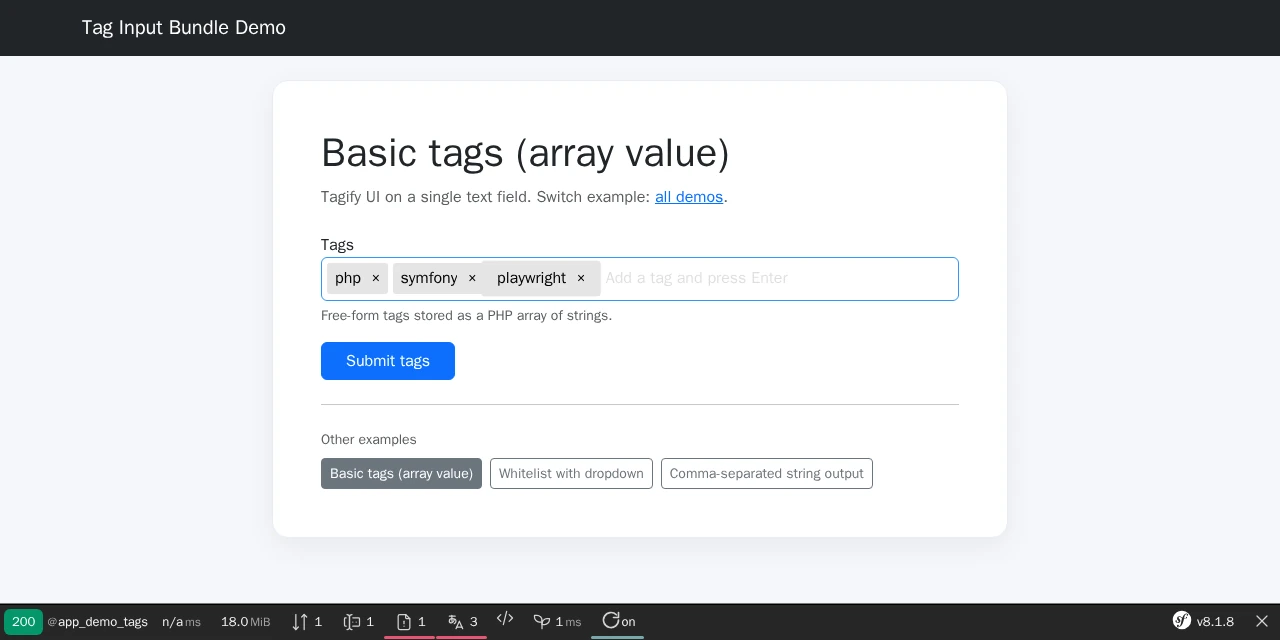 Demo navbar and tag input after adding a new tag