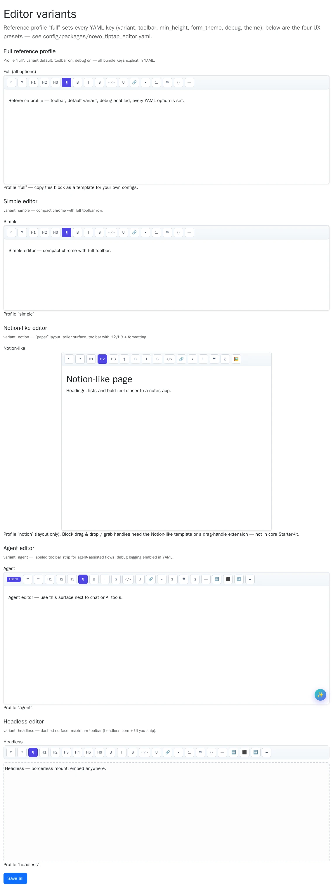 Editor variants — Symfony demo screenshot