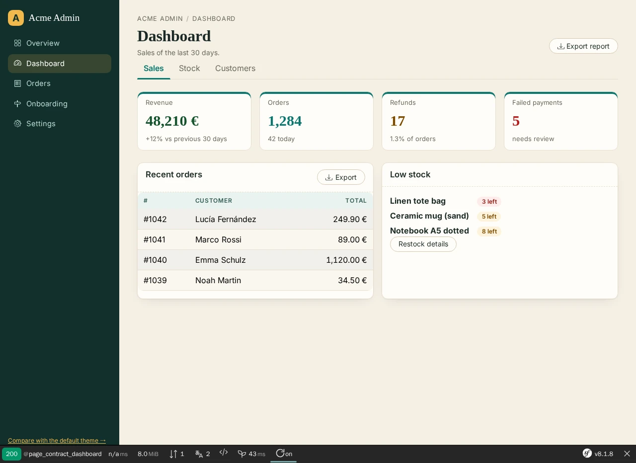Dashboard scaffold with the host theme: KPI tiles, recent orders and low-stock cards, section tabs